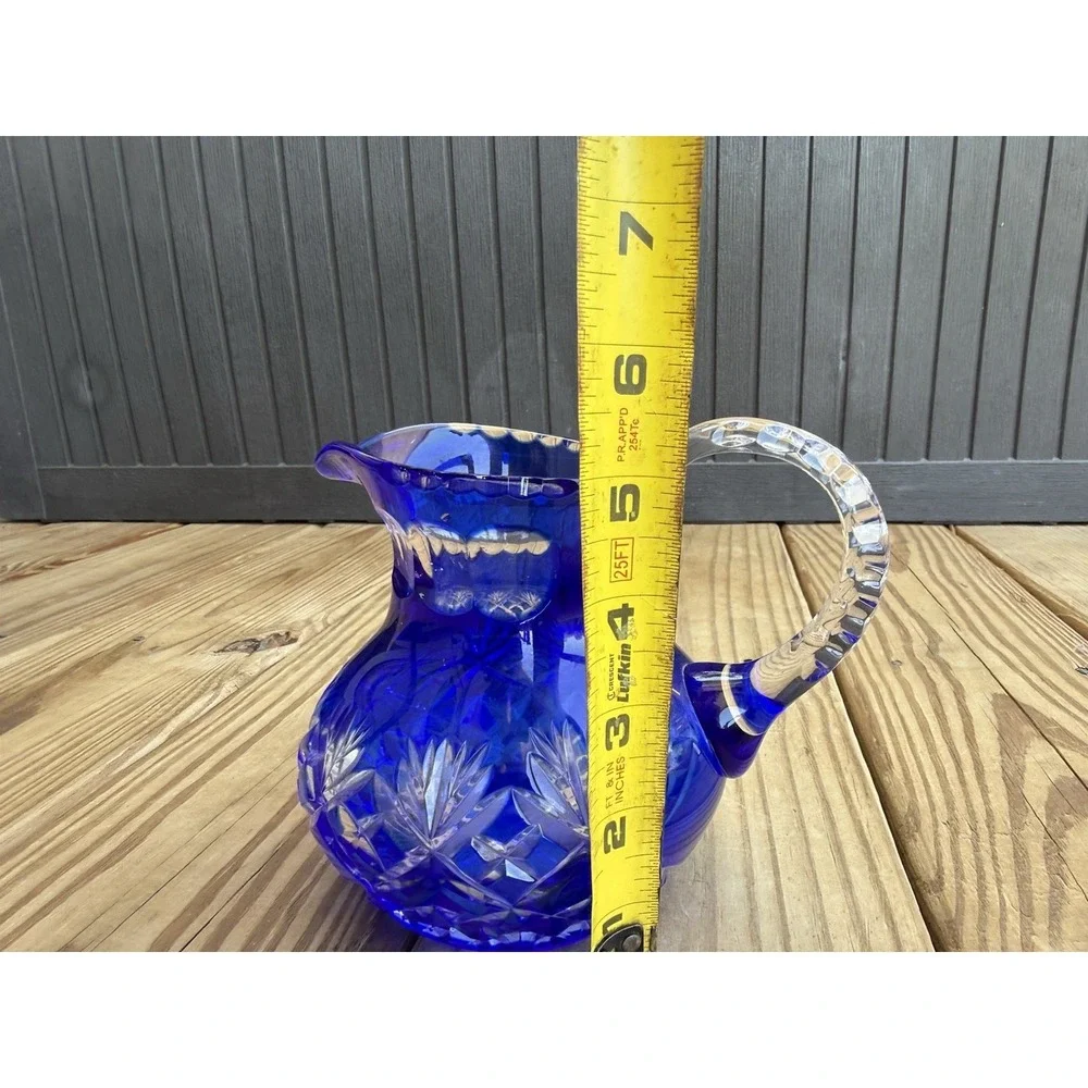 Vintage Bohemian Cobalt Blue Cut To Clear MCM Atomic Starburst Vase Pitcher 5